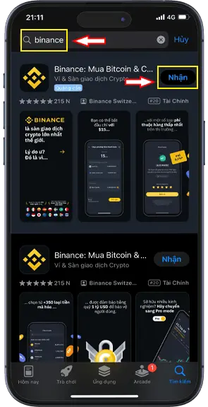 Bước 1: Vào App Store trên giao diện IOS, hoặc CH Play trên giao diện Android để tải ứng dụng Binance